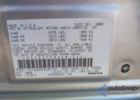 2010 Mitsubishi Galant Es/Se z USA, uszkodzony, nr VIN 4A32B3FF9AE012441